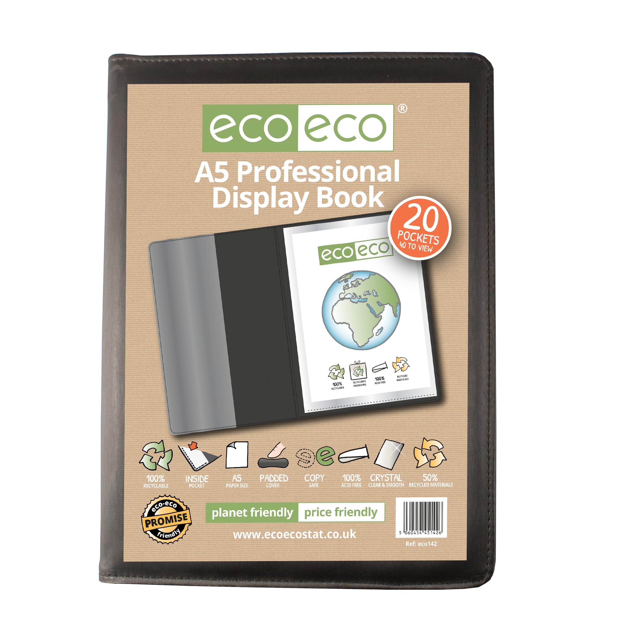 eco-eco A5 50% Recycled 20 Pocket Black Professional Business Display Book, Padded Portfolio Art Folder with Plastic Sleeves, eco142