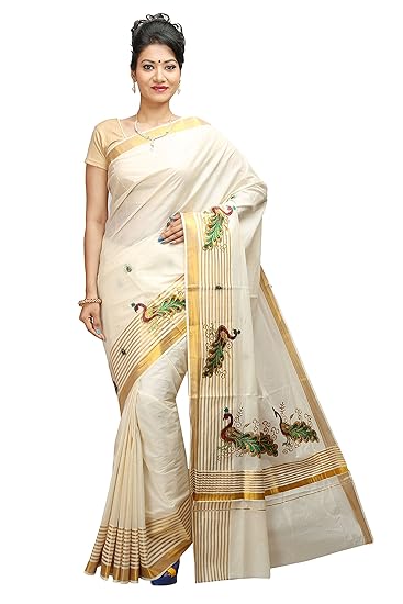 stripe zari Peacock Embroidered kerala kasavu saree with running Blouse (JIS SAREE F59)