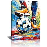 Framed Soccer Silhouette Sport Theme Canvas Wall Art,Vintage Graffit Football Art Poster,Colorful football wall painting for Boys Bedroom Wall Decor 12X16 inch