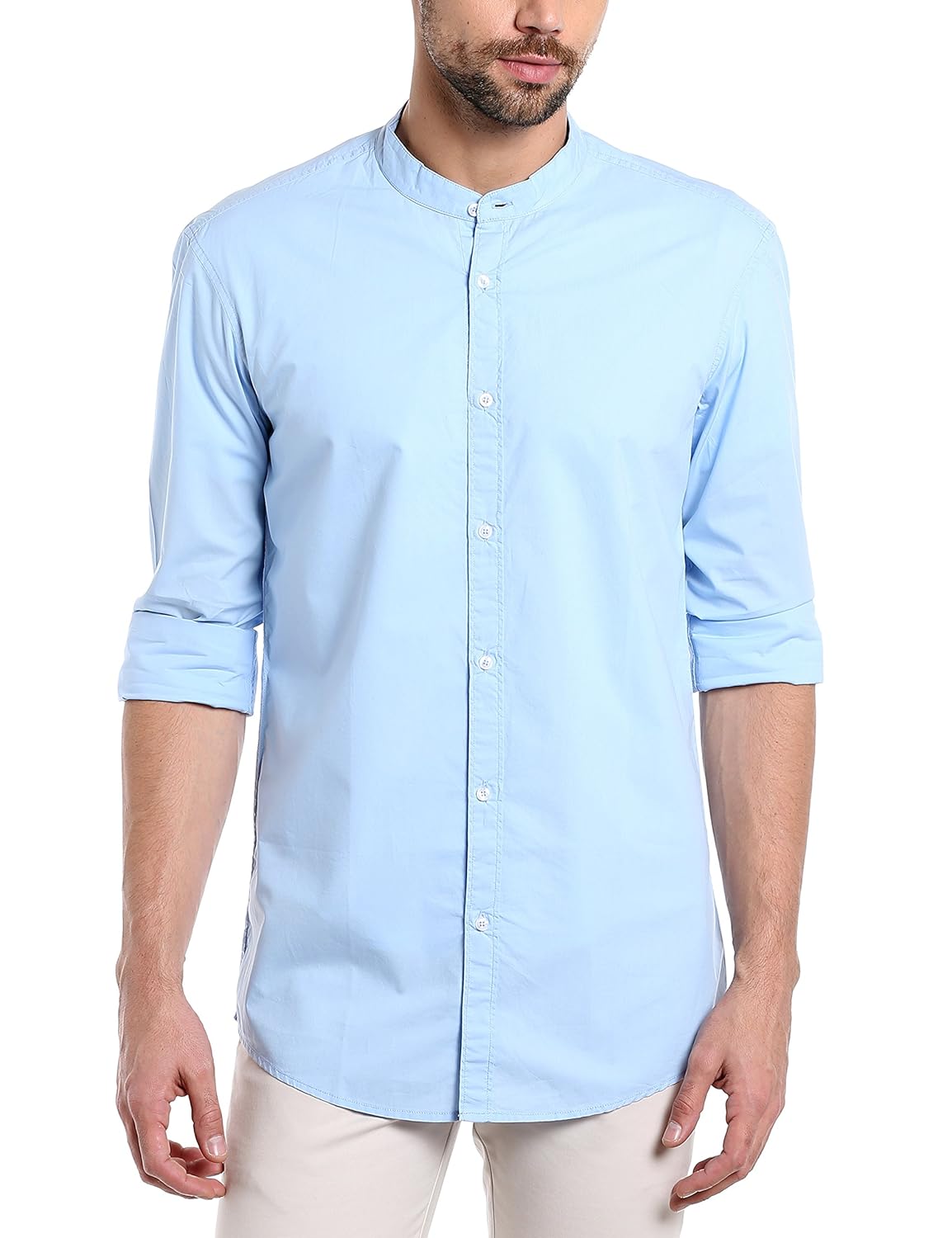 dennis lingo men's cotton sky blue solid casual shirt
