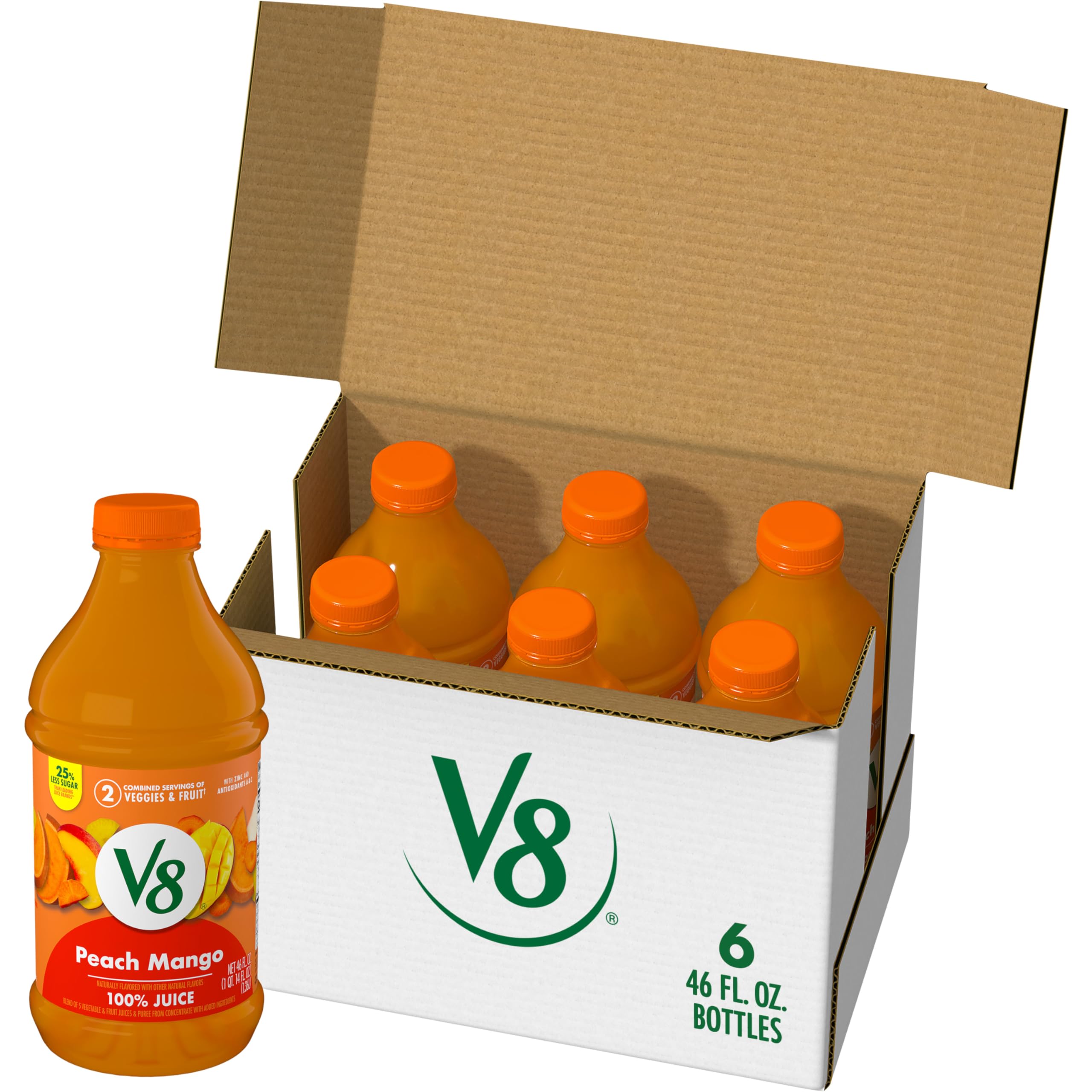 View 1 of **EXP:JAN/22/2026** V8 Peach Mango 100% Fruit and Vegetable Juice, 46 fl oz Bottle (6 Pack)