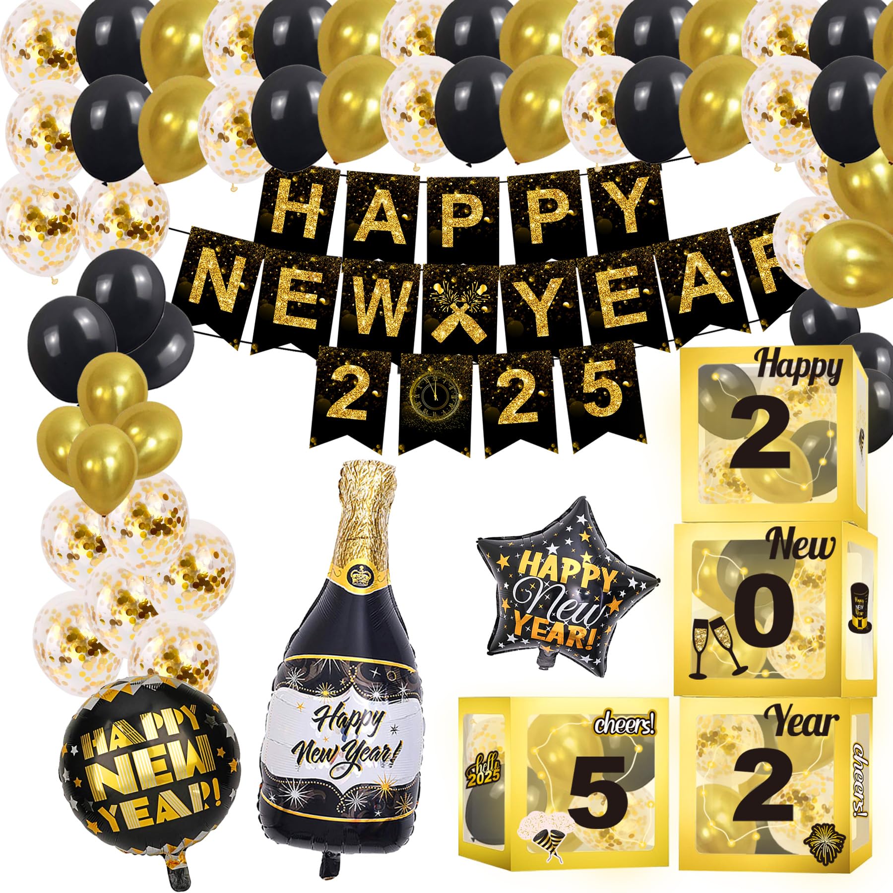 Photo 1 of Happy New Year Party Decoration 2025 - Black and Gold Party Balloon Boxes Supplies - Includes Balloon Boxes, Balloon, Light Strings, Banner, Foil Balloon, New Years Eve Decor Kit