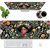 Desk Pad Mat Gaming Mouse Pads with Coasters, Large Extended Gaming Mousepad (31.5 x 11.8 Inch) with Non-Slip Base & Stitched Edge for Home Office Work Gaming, African American Black Girl