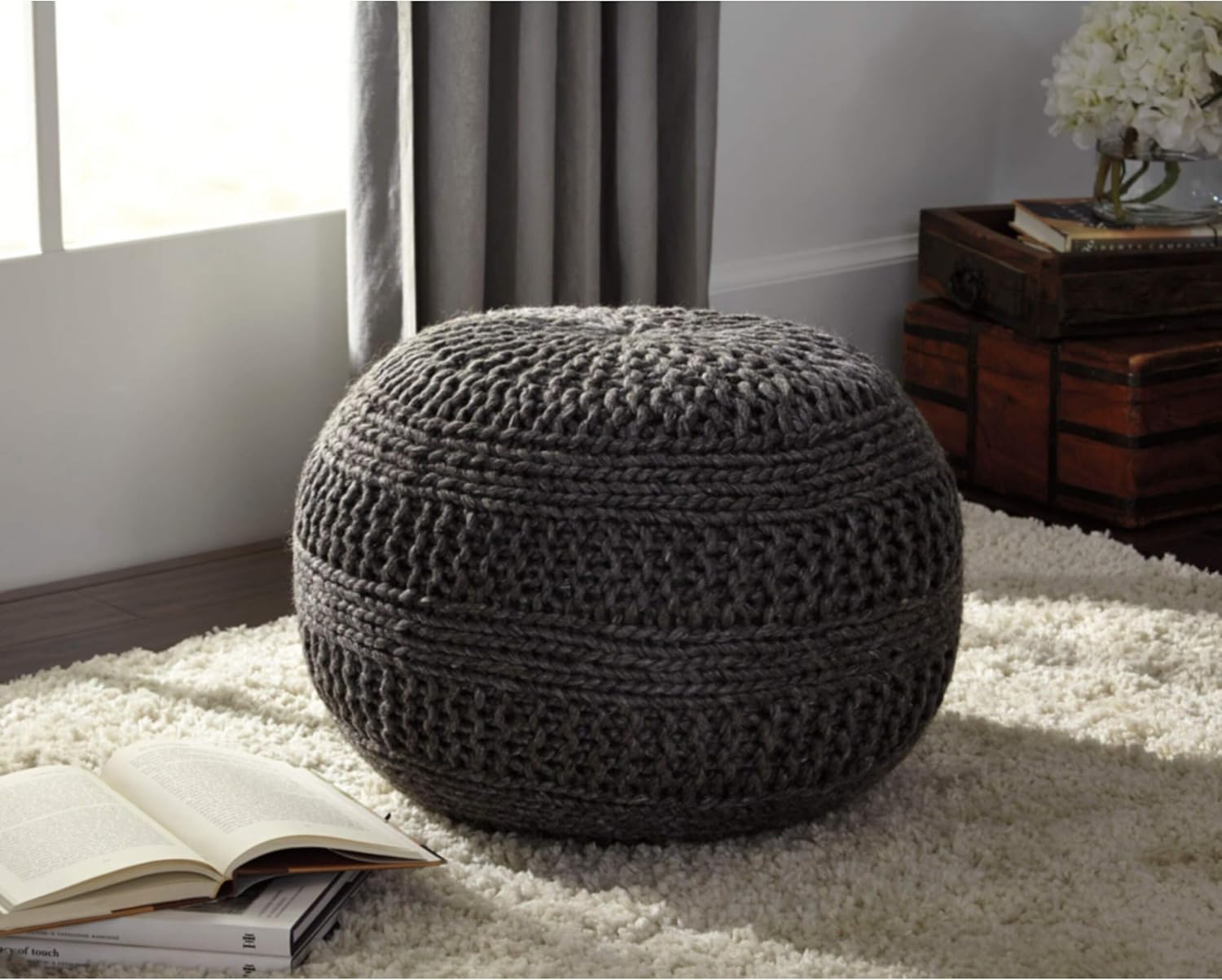 Charcoal Pouf Grey Casual Solid Wool Furniture & Decor