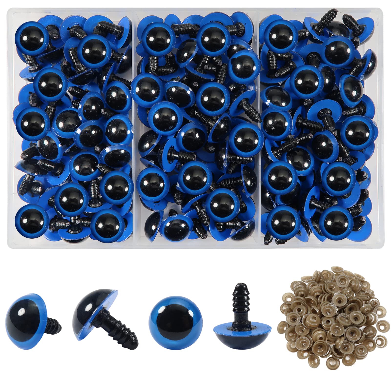 TOAOB 150 Pieces Eyes Dolls Safety 16mm Blue Plastic Eyelets and 150 Pieces Washers for Making Puppets DIY Crafts