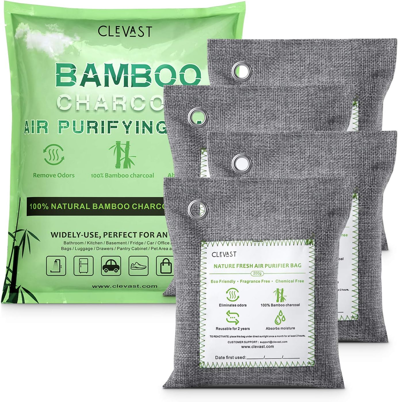 CLEVAST Bamboo Charcoal Air Purifying Bags (4×200g), Removes Odors and Moisture, Nature Fresh Air Purifier Bags for Home, Car, Pets, Bathroom, Basement: Home & Kitchen
