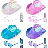 Zhanmai 4 Sets Neon Hat for Cowboy Hats Space Women with Heart Glasses Goggles and Glitter for Costume Accessories Disco Rodeo Party Decor