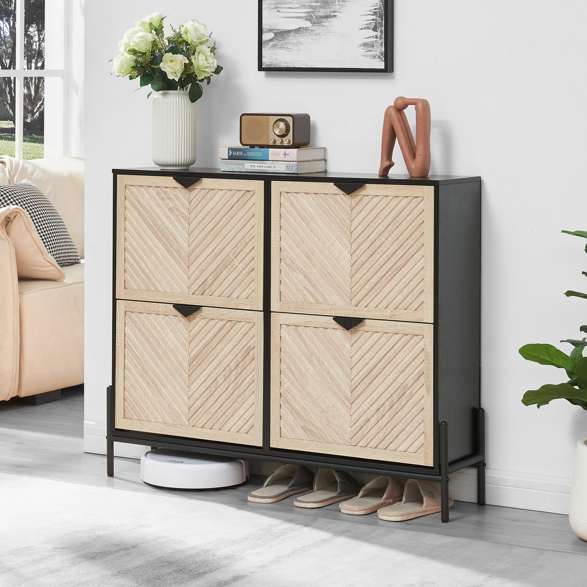 Photo 1 of ** FINAL SALE SOLD AS IS VENTA FINAL VENDIDO TAL CUAL, SIN DEVOLUCIONES**

VIPLUMI Shoe Cabinet Storage with 4 Flip Drawers, Narrow Hidden Shoes Organizer Cabinet for Entryway, Freestanding Slim Shoe Rack Front Door Entrance(Oak&Black)