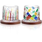 Joeyan Rotatable Hand Painted Whiskey Glasses with Coaster,Old Fashioned Glass Tumblers with Strip and Diamond Patterns,Colorful Whiskey Glass Cups for Rum Bourbon Scotch,Set of 2,9 oz
