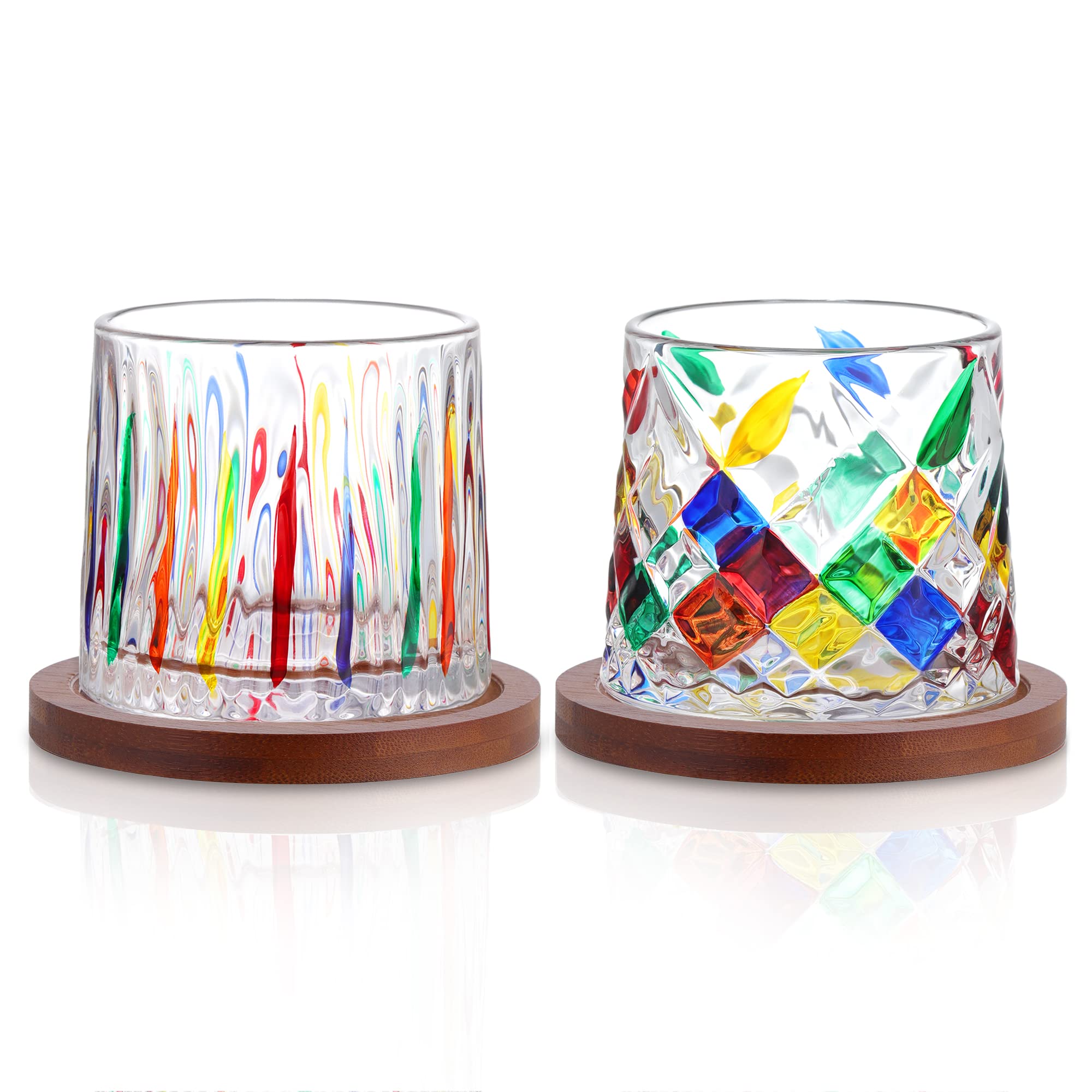Joeyan Hand Painted Crystal Whisky Glasses Set of 2-270ml Rotatable Rocking Glasses with Wooden Coaster - Tilted Bar Whiskey Tumbler for Rum, Bourbon, Scotch - Whisky Gifts for Men Women