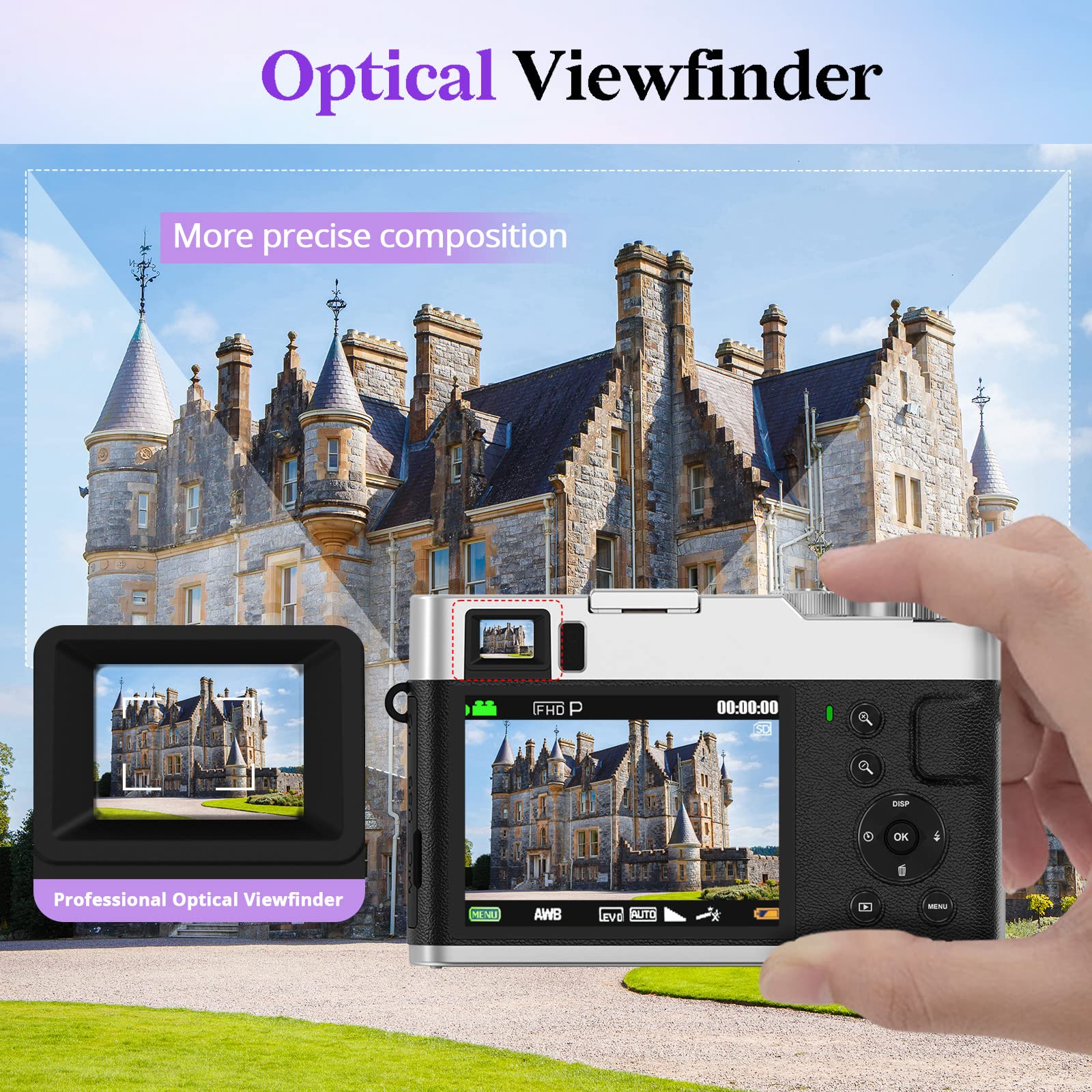 Jumobuis 4K Digital Camera Auto Focus 48MP Vlogging Video for YouTube Photography Cameras Beginners Travel Portable Compact Point and Shoot with Viewfinder Flash 32G Memory Card Silver ,DC202