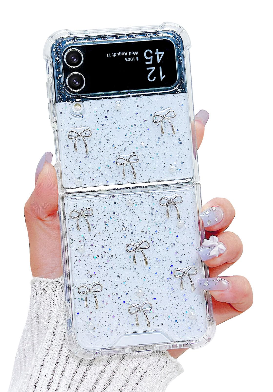 MUNDULEA Compatible with Samsung Galaxy Flip 4 Case Women Girls Flexible TPU Bow Sliver Glitter Shockproof Protective Phone Cover for Galaxy Z Flip 4 (Bow Sliver)