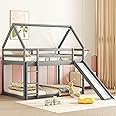 MERITLINE House Bunk Beds with Slide, Wood House Bunk Bed Twin Over Twin,Kids Bunk Bed with Roof, Slide Bunk Beds with Ladder for Girls, Boys,Grey