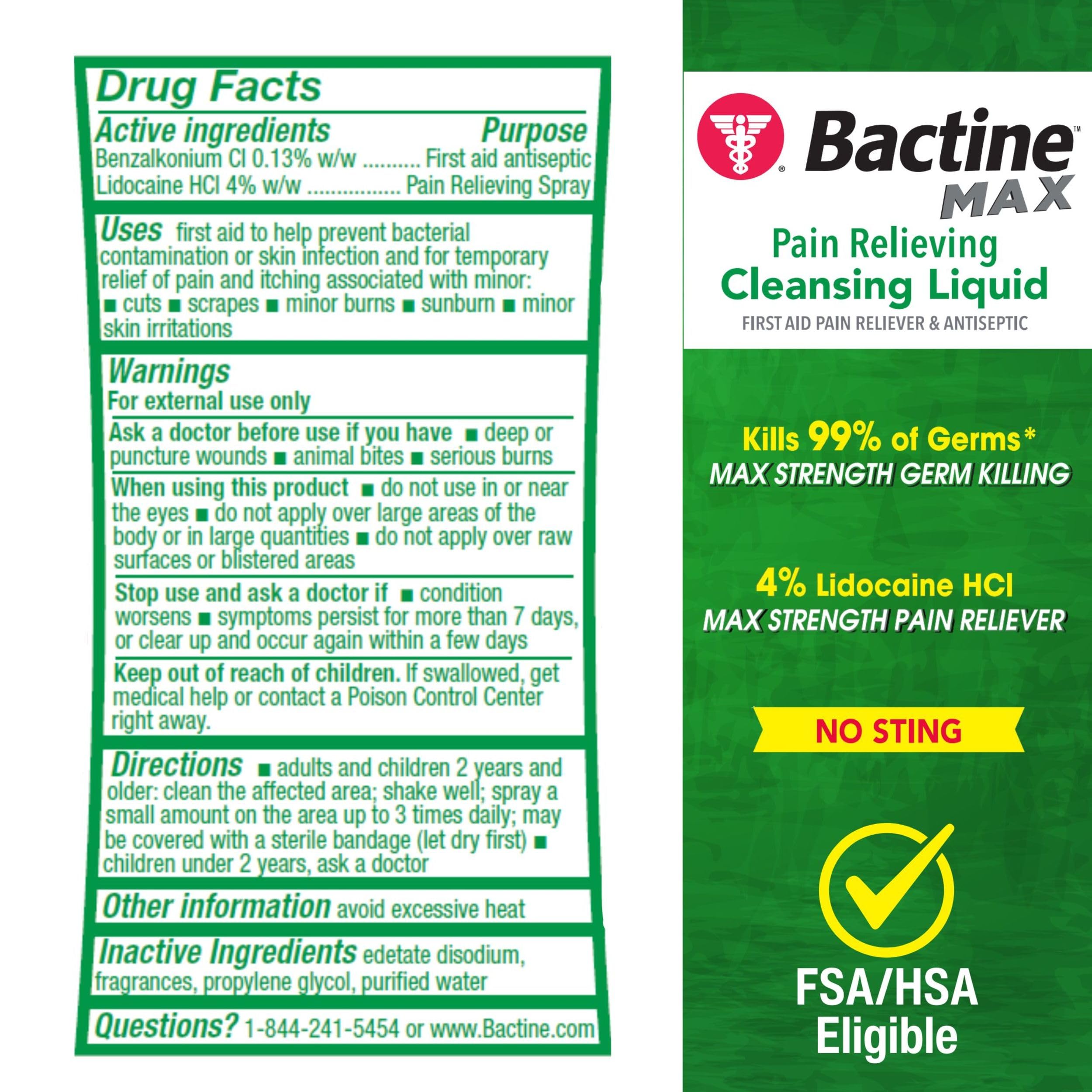 Bactine Max Pain Relieving Antiseptic Spray with Lidocaine, First Aid Pain + Itch Relief, No-Sting, Kills 99% of Germs*, 5oz