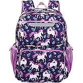 BrainyBees Kids Backpack for Girls Kindergarten - 15 Inch Lightweight School Bookbag fits Folder, Unicorn Backpack for Kids 4-7 with Chest Strap & Insulated Pocket, Deep Purple