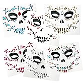 6-Pack Skull Face Gems Jewels,Day of the Death Halloween Temporary Face Tattoos Fake Face Jewelry