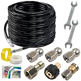 Hourleey Sewer Jetter Kit for Pressure Washer 100FT, Drain Cleaner Hose 1/4 Inch NPT, Orifice 4.0 Button Nose and Rotating Sewer Jetting Nozzle Spanner Tape Pearl Corsage Pin, 4000 PSI