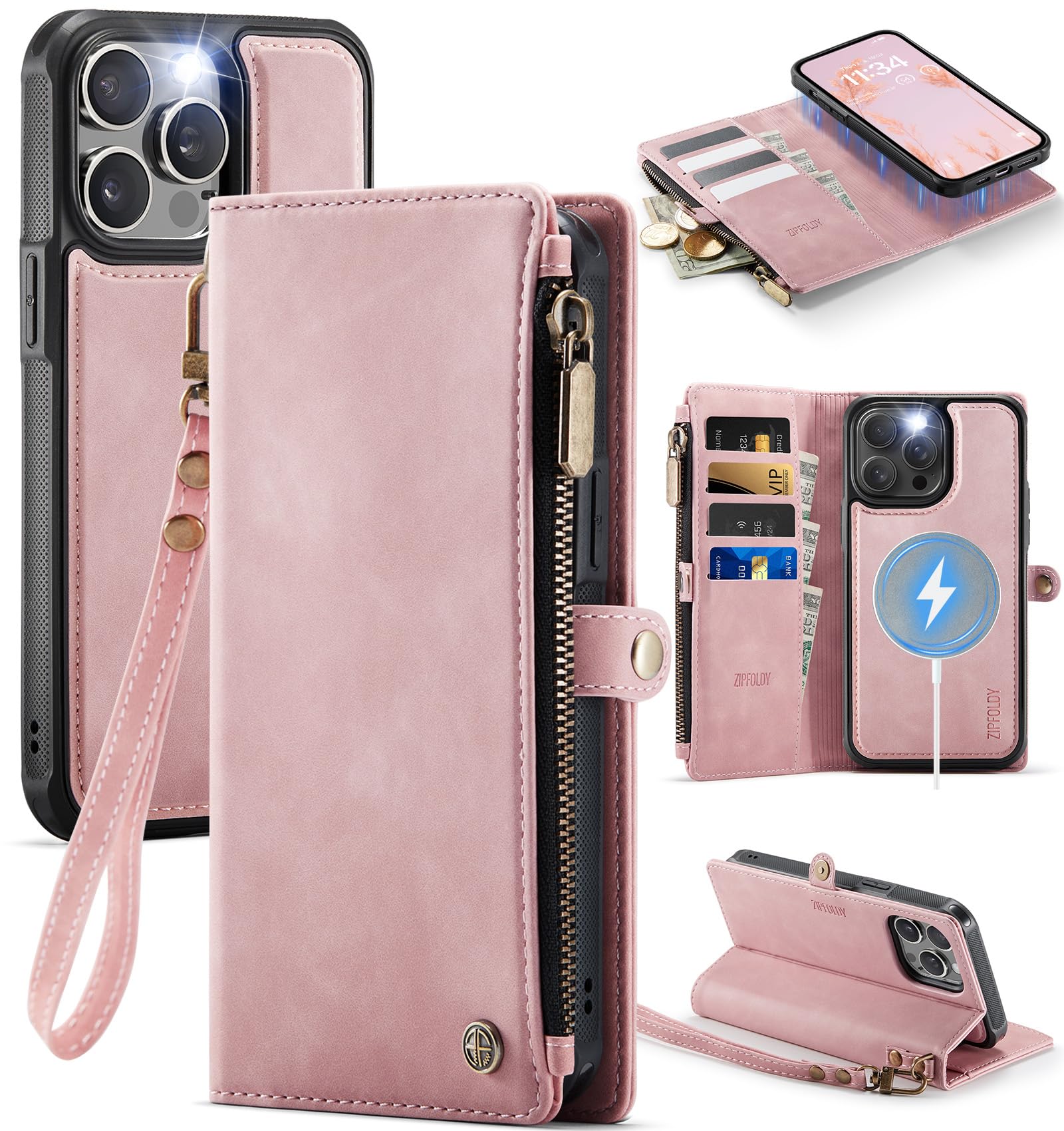 Photo 1 of ZipFoldy Magnetic Wallet Case for iPhone 14 Pro Max Compatible with Magsafe for Women, RFID Blocking Zipper & Strap & Card Holder Detachable Cover for iPhone 14 Pro Max Case with Wallet, Rose Pink