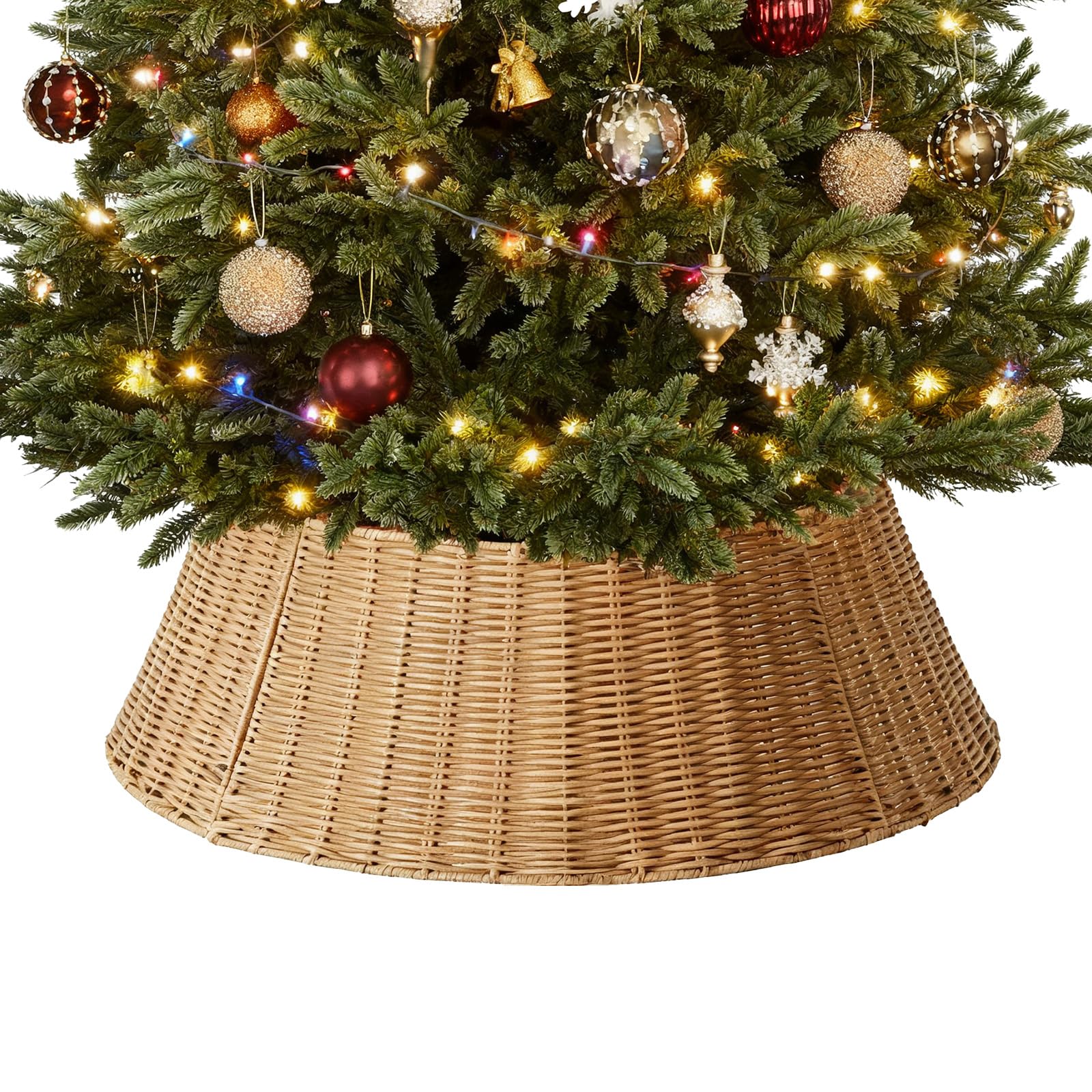 Photo 1 of Sweetcrispy 27in Christmas Tree Collar, Wicker Skirt for 7.5ft Artificial Trees, 4-Piece Wicker Base Cover, Natural