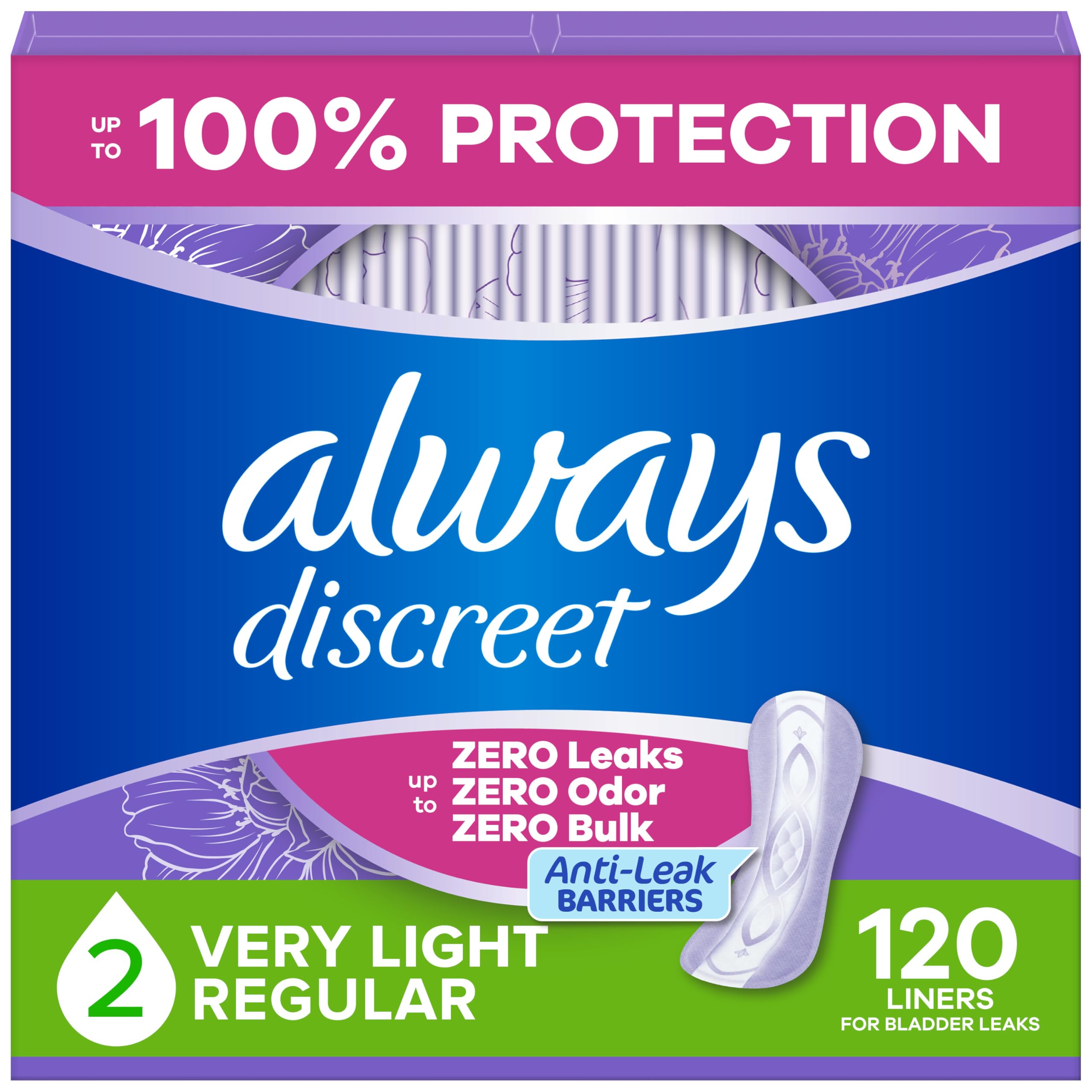 Photo 1 of Always Discreet Incontinence Panty Liners for Bladder Leaks, Size 2, Very Light Absorbency, 120 Count