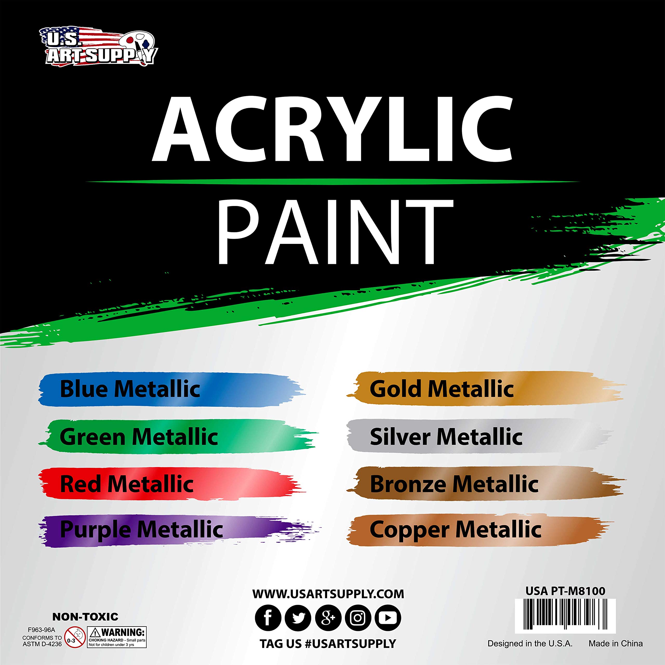 U.S. Art Supply 8 Color Metallic Acrylic Paint Jar Set 100ml Bottles (3.33 fl oz) - Professional Artist Bright and Vivid Pearlescent Metallic Colors great for Acrylic Pouring shimmer effects
