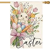 AVOIN colorlife Happy Easter Floral House Flag 28x40 Inch Double Sided Outside, Easter Eggs Bunny Flowers Yard Outdoor Flag