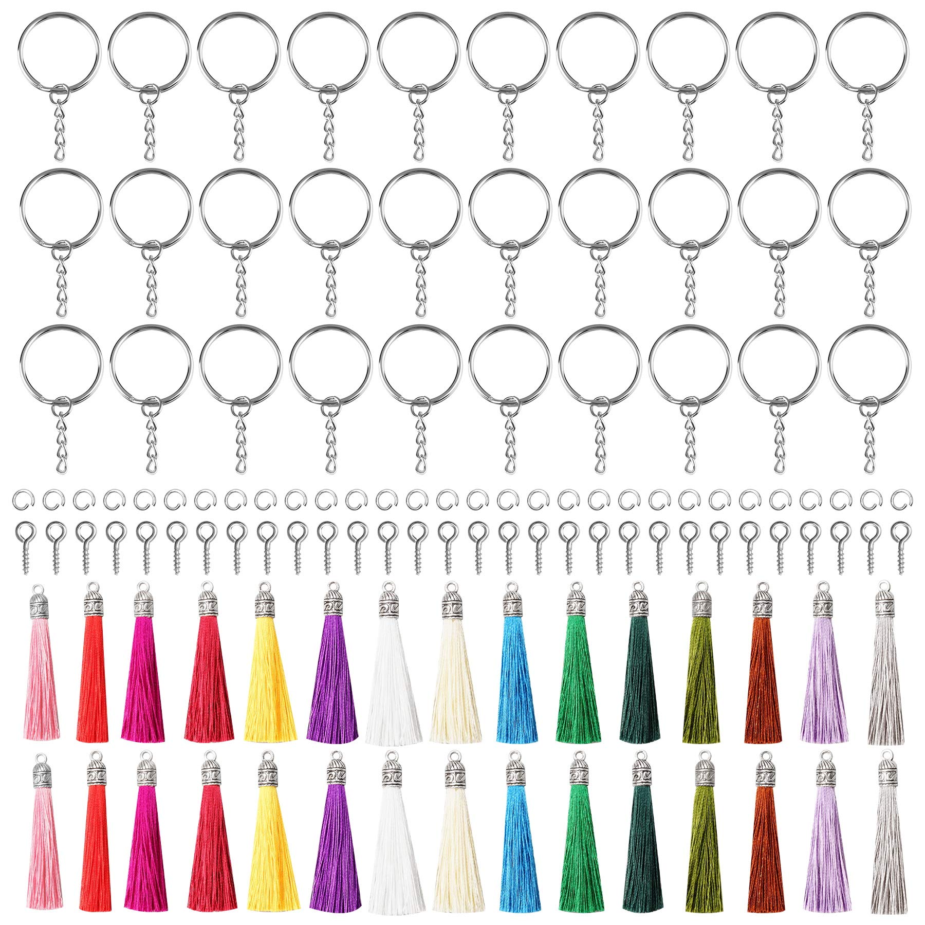 YSDMY 120 Pcs Tassels Key Rings Key Chains Sets for Jewellery Making, 30 Tassels Pendents 30 Key Chain Rings 30 Eye Screws 30 Jump Rings,Tassle Keyring for Craft Handmade Bracelets Pendants