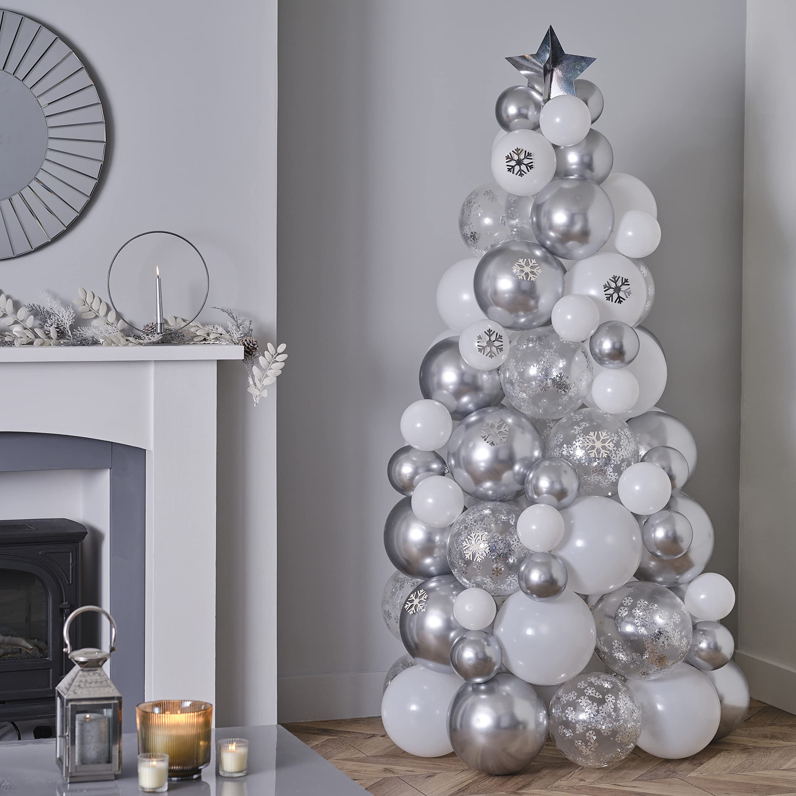 Ginger Ray Christmas Tree Made of Latex Balloons in Silver & White with Confetti Ideal Alternative Christmas Tree