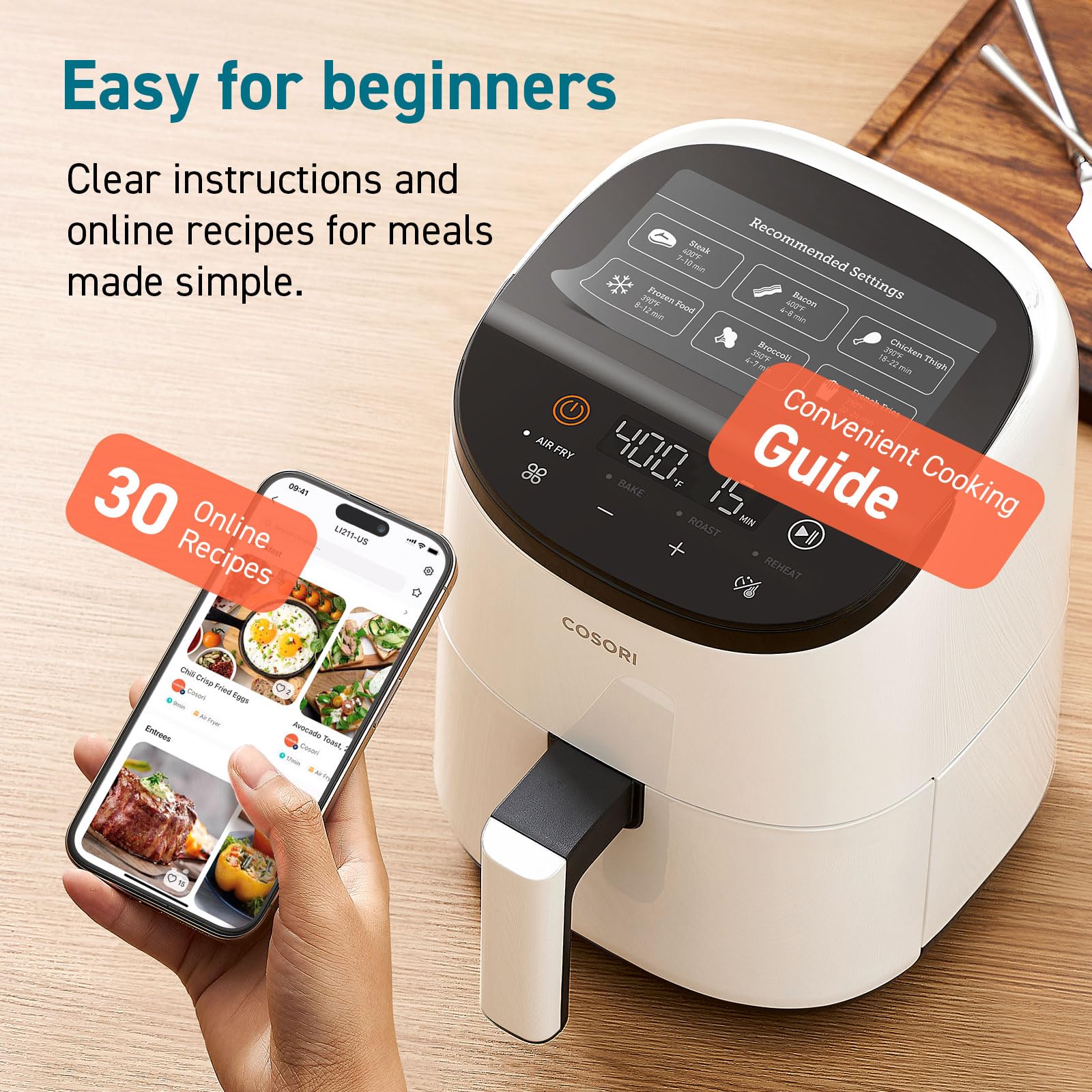 COSORI Air Fryer 2.1 Qt, mini freidora de aire pequeña 4 en 1, hornear, asar, recalentar, 97% menos aceite, compacta y silenciosa, canasta antiadherente y apta para lavavajillas, 30 recetas en la aplicación con información nutricional, apagado automático, blanca
