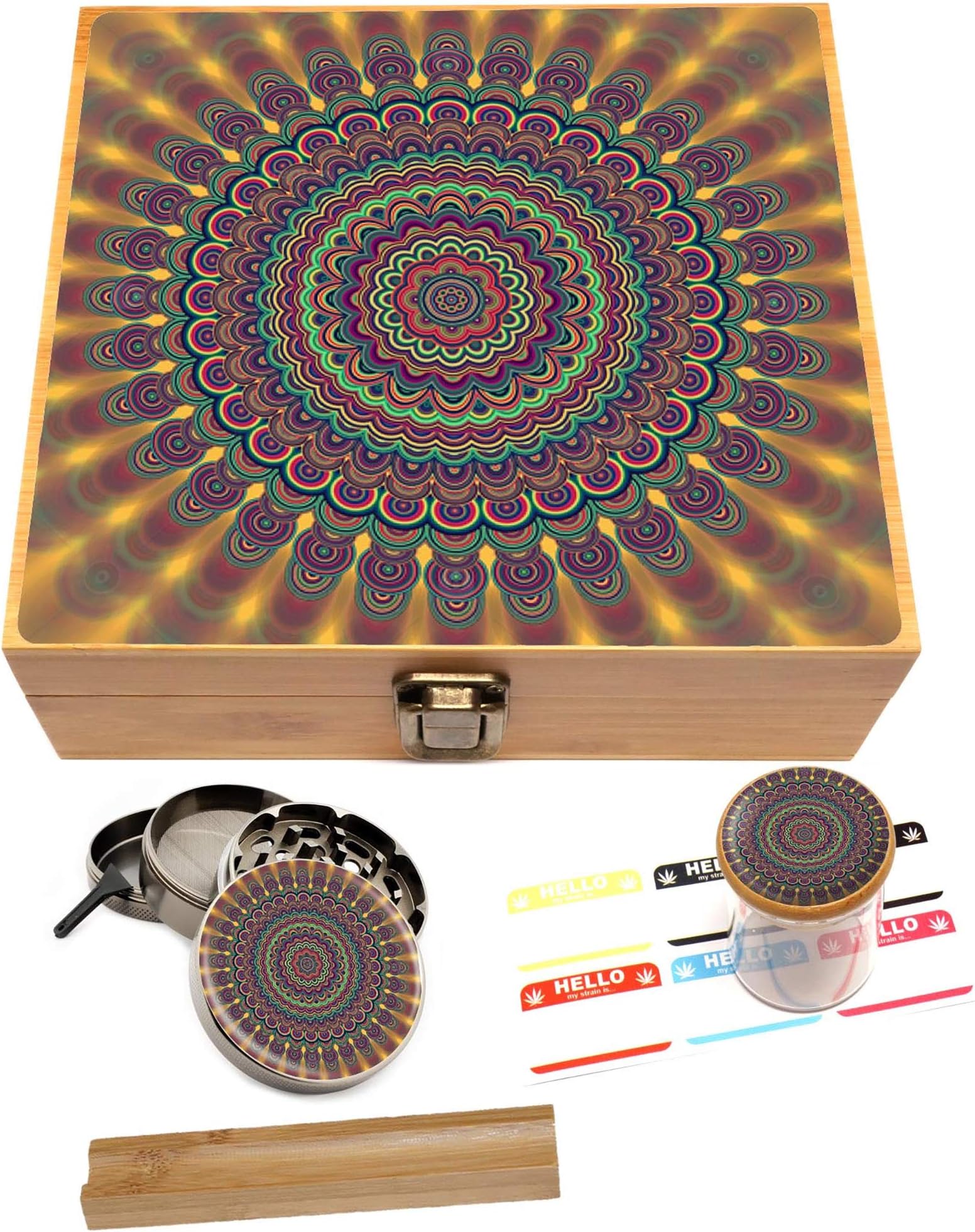 Psychedelic Design Stash Box Combo - Large 4 Part Herb Grinder with Pollen Catcher and UV Stash Jar and Rolling Tray