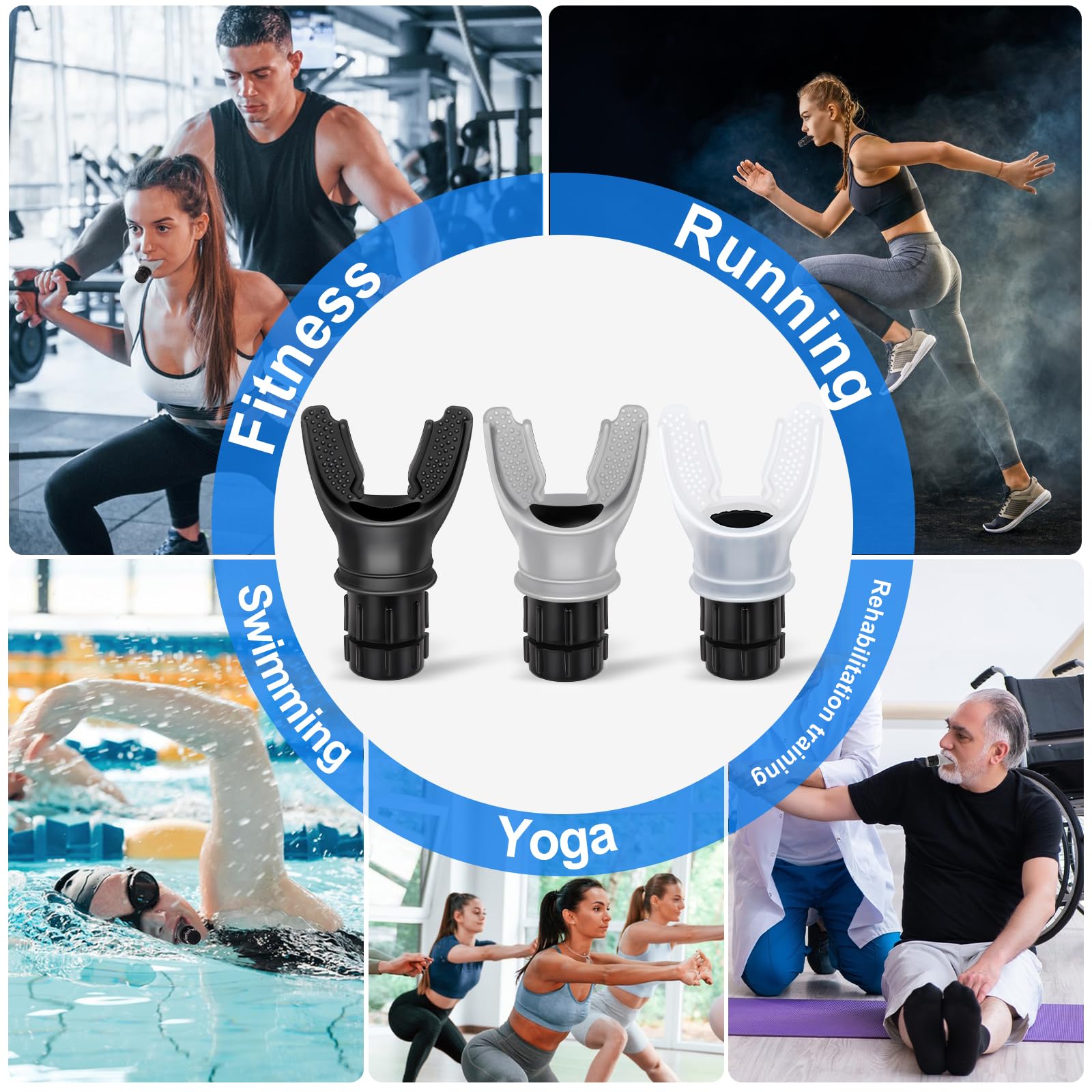 3 PCS Portable Breathing Trainer with Adjustable Resistance Settings (Black/Grey/White)