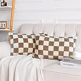 AmHoo Pack of 2 Decorative Throw Pillow Covers Checkerboard Luxury Super Soft Faux Fur Wool Set Case Cushion for Couch Sofa Bedroom 12 x 20-Inch Camel