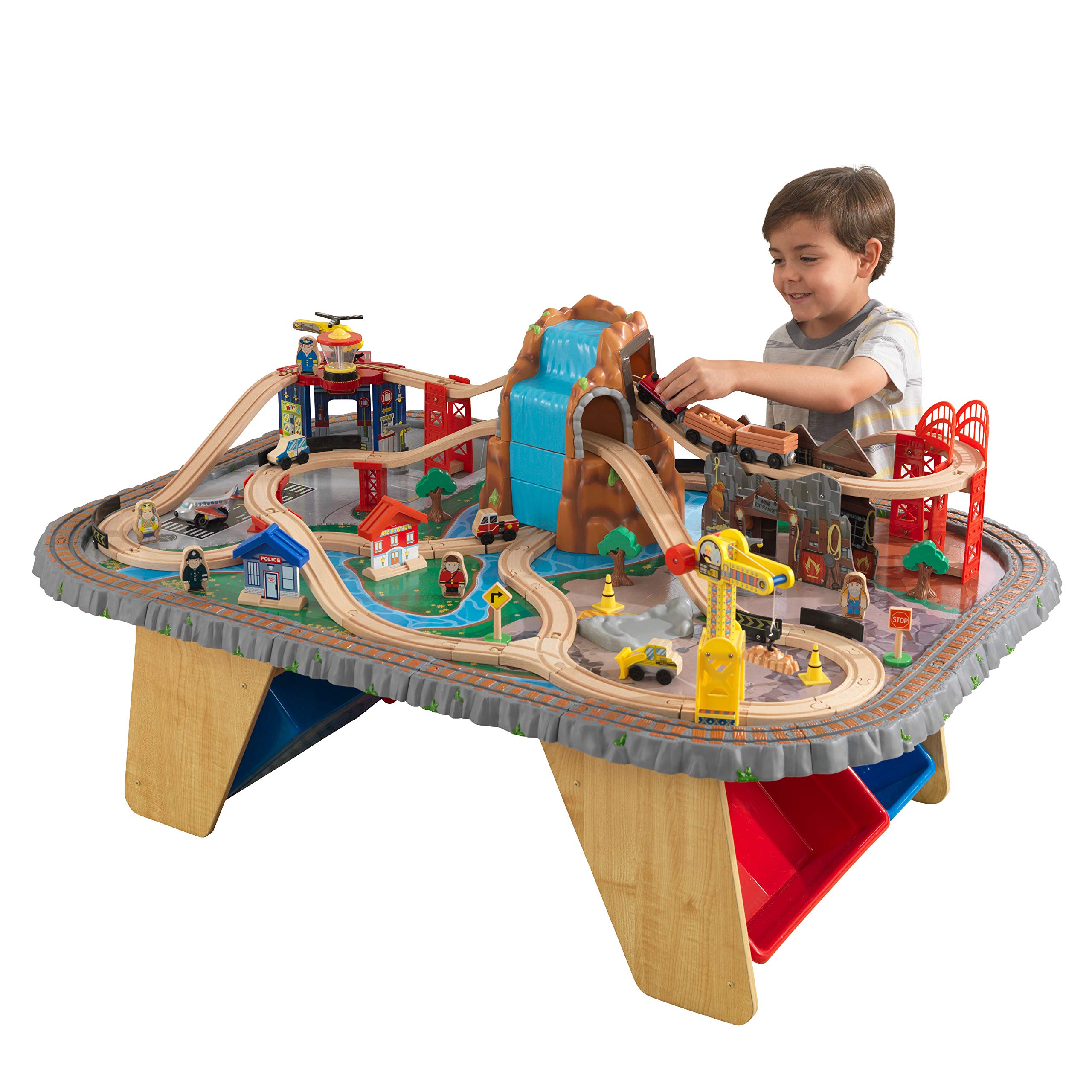 KidKraft Waterfall Junction Wooden Train Table with Storage Boxes, Train Track Set with Wooden Toy Cars, Crane, Helicopter, Airplane and Accessories Included, Kidsโ Toys, 17498 โ image 1