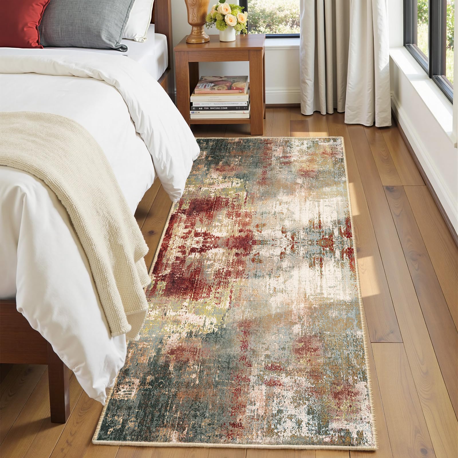 Photo 1 of RELEANY Washable Area Rugs 2'x6' Non-Slip Modern Abstract Soft for Living Room Entryway Bedroom Nursery, Print Pattern, Brown Rust Red Multi