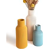 TrendEcoHome Colorful Ceramic Vases Set of 3 (White, Yellow, Blue) - Modern Matte Ribbed Color-Block Vases for Dried Flowers - Scandi Boho Decor Centerpieces for Living Room & Shelf (Not for Water)