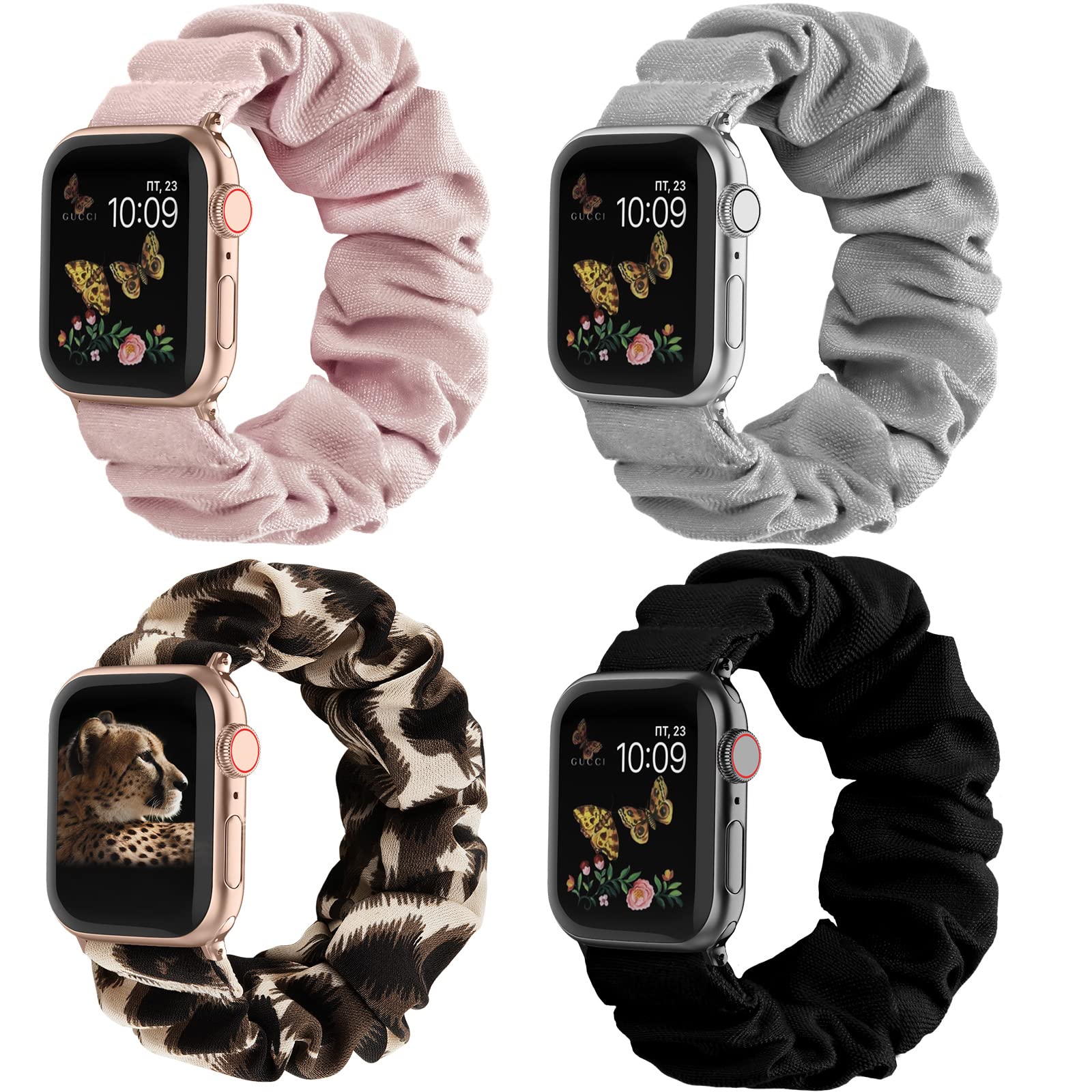 Photo 1 of Recoppa Compatible for Apple Watch Band Scrunchie 38mm 40mm 41mm 42mm 44mm 45mm 46mm Cute Printed Elastic Solo Loop Bands Women Bracelet Strap for iWatch Series 10 9 8 7 6 5 4 3 2 1 SE, 4 Packs