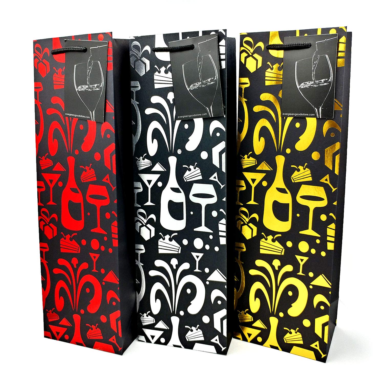Evergreen Goods Premium BLACK Wine Gift Bags with Gift Tag and Handles | Party Design | Wine Bottle Carrier for Weddings, Anniversary, Birthdays | 39cm (H) x 12cm (W) x 9cm (D) | 6 Packs