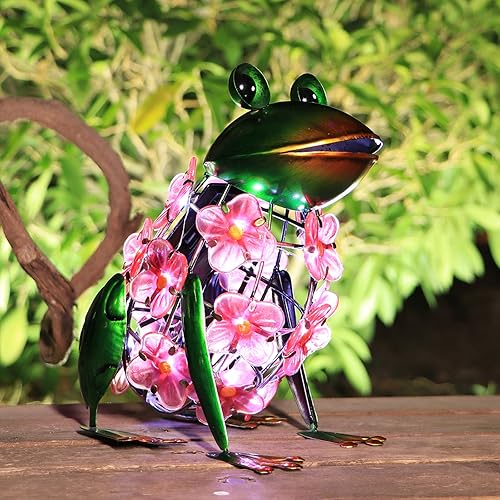 VCUTEKA Frog Solar Lights Outdoor, Solar Lantern Waterproof LED Hydrangea Flower Lights Frog Tabletop Decorations for Patio Garden Yard Outside Decor, Pink