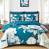 Dobuyly Teal Comforter Set King 7 Piece Bed in a Bag, Teal Blue Floral Printed Comforter Set with Sheets, Soft Microfiber Botanical Complete Bedding Set for All Season