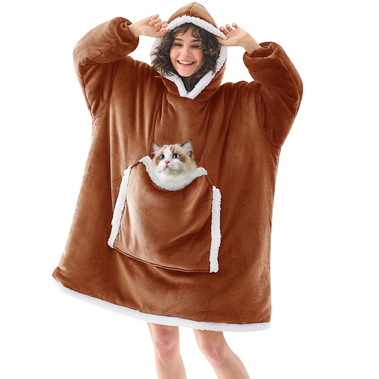 JOYWOO Caramel Wearable Blanket Hoodie,Oversized Cat Lovers Sweatshirt Blanket for Adult & Teens,Birthday Gifts for Women Mom Girls,Cozy Sherpa Blanket Giant Pocket Gifts,Caramel Small Image