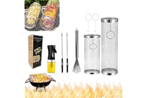 PRIME SPECTRUM Rolling Grilling Basket for Outdoor Grilling - 2PCS - Stainless Steel BBQ Accessories for Outdoor Grill & Camping - Grill Baskets for Shrimp, Fish, Vegetable & Meat (1M1L) - Bundled with Oil Sprayer & Cleaning Brush