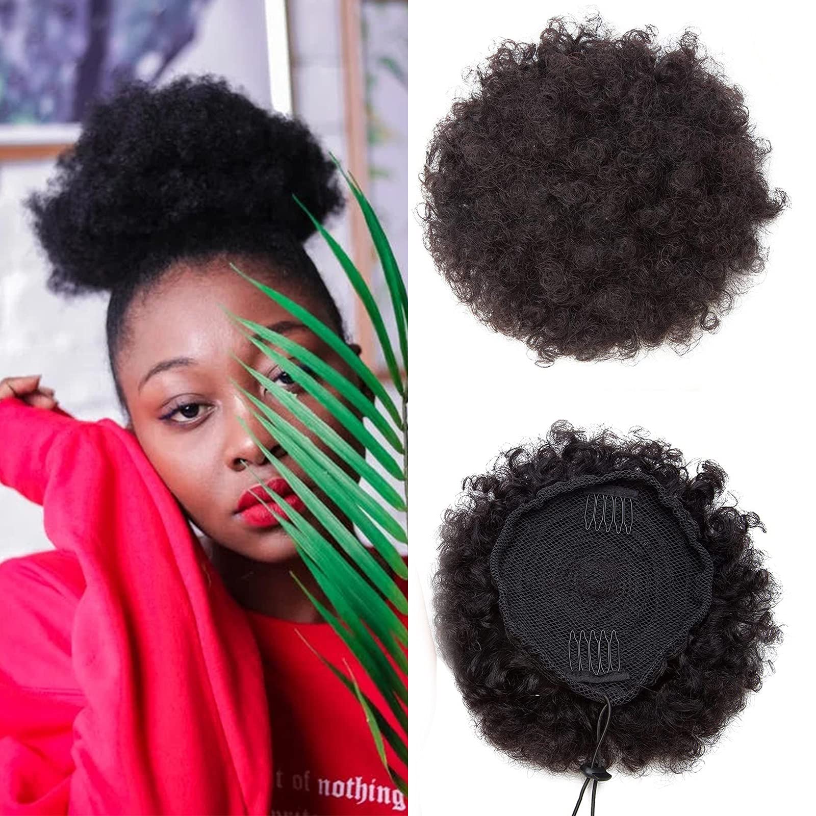 Puff Drawstring Ponytail Updo Real Human Hair Afro Kinky Curly Ponytail Human Hair Messy Hair Bun with Clips