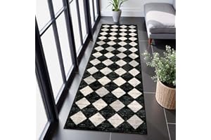 Lahome Checkered 2x8 Black Hallway Kitchen Bathroom Runner Rug with Rubber Backing, Washable Non Skid Moroccan Trellis Entry 