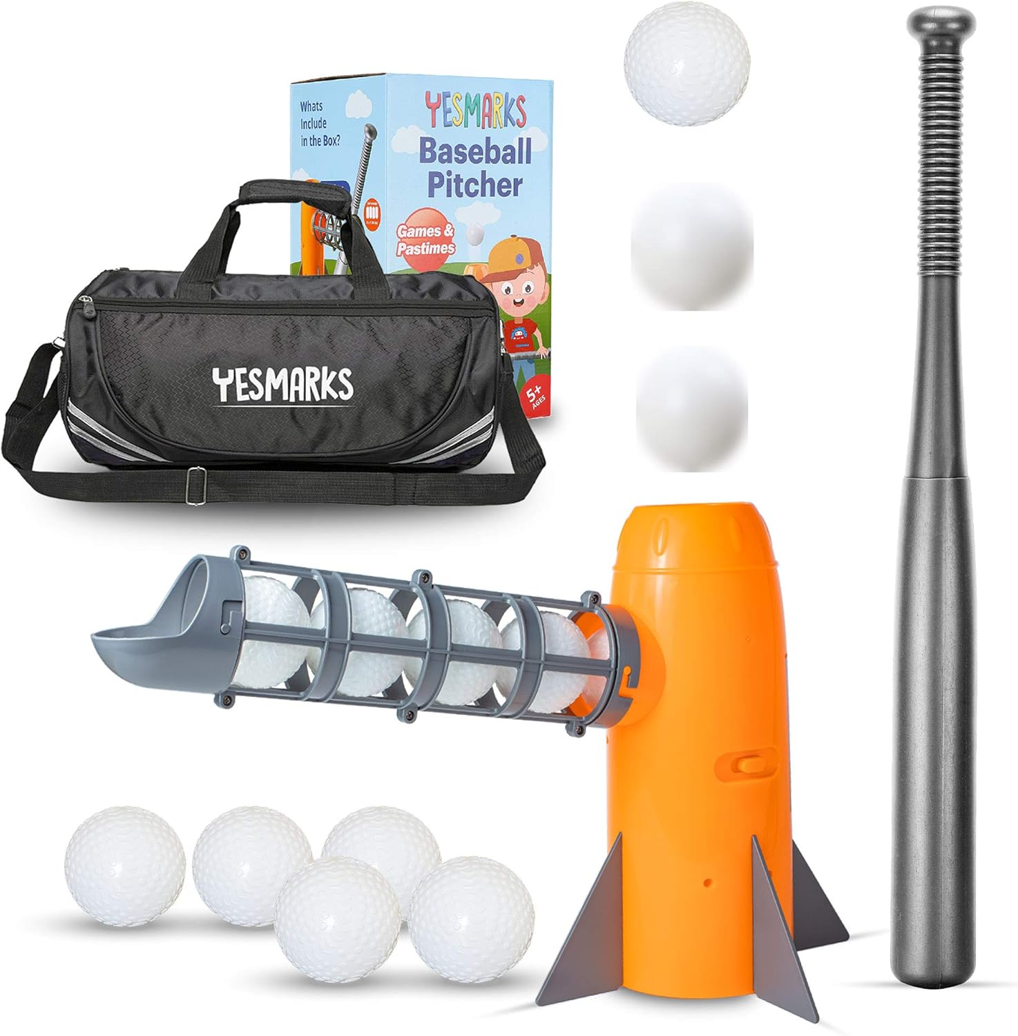 YESMARKS Kids Auto Baseball Pitching Machine Outdoor Toy Set - Training Equipment & Practice Toys for Children - Operated Automatic Pitcher, Collapsible Plastic Bat, 10 PP Baseballs, Sports Bag: Toys & Games