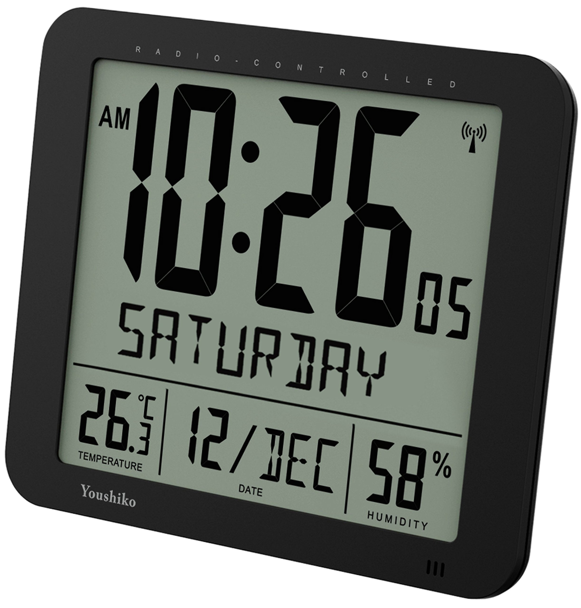 Youshiko Jumbo Large Radio Controlled Wall Clock (UK & Ireland Version/Premium Quality/Clear Display), Large 3.27 inches Time digits, Temperature/Humidity display (Black)