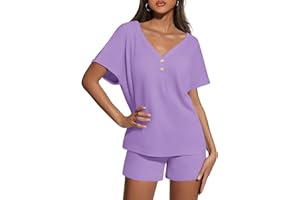 Ekouaer Womens 2 Piece Short Sets Waffle Knit Lounge Set Women's Pajama Set Summer Outfits V Neck and Shorts with Pockets