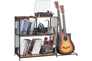 VEVOR 3-Tier Record Player Stand with Guitar Holder, Turntable Stand with Storage Holds Up to 300 Albums, Vinyl Record Cabinet with Metal Mesh Frame for Living Room, Bedroom, Black