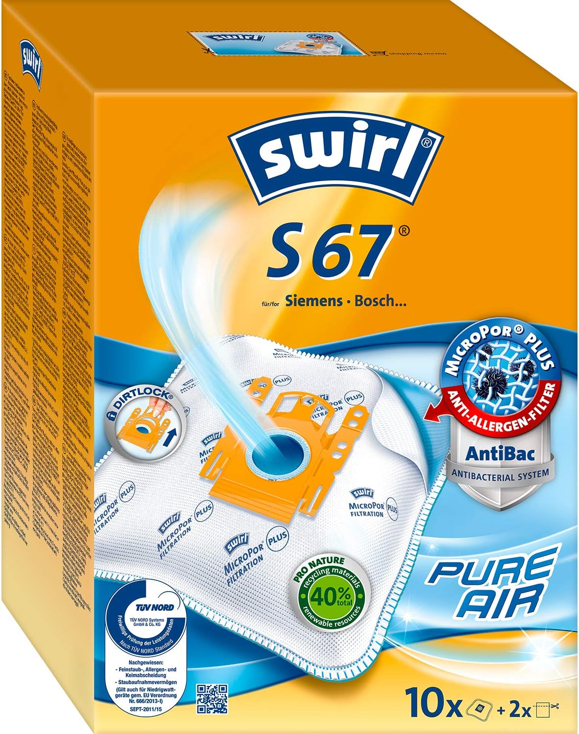 Swirl S 67 MicroPor Plus Staubsaugerbeutel für Siemens und Bosch Staubsauger| Anti-Allergen-Filter | Dauerhaft hohe Saugleistung | 10 Stück inkl. 2 Filter
