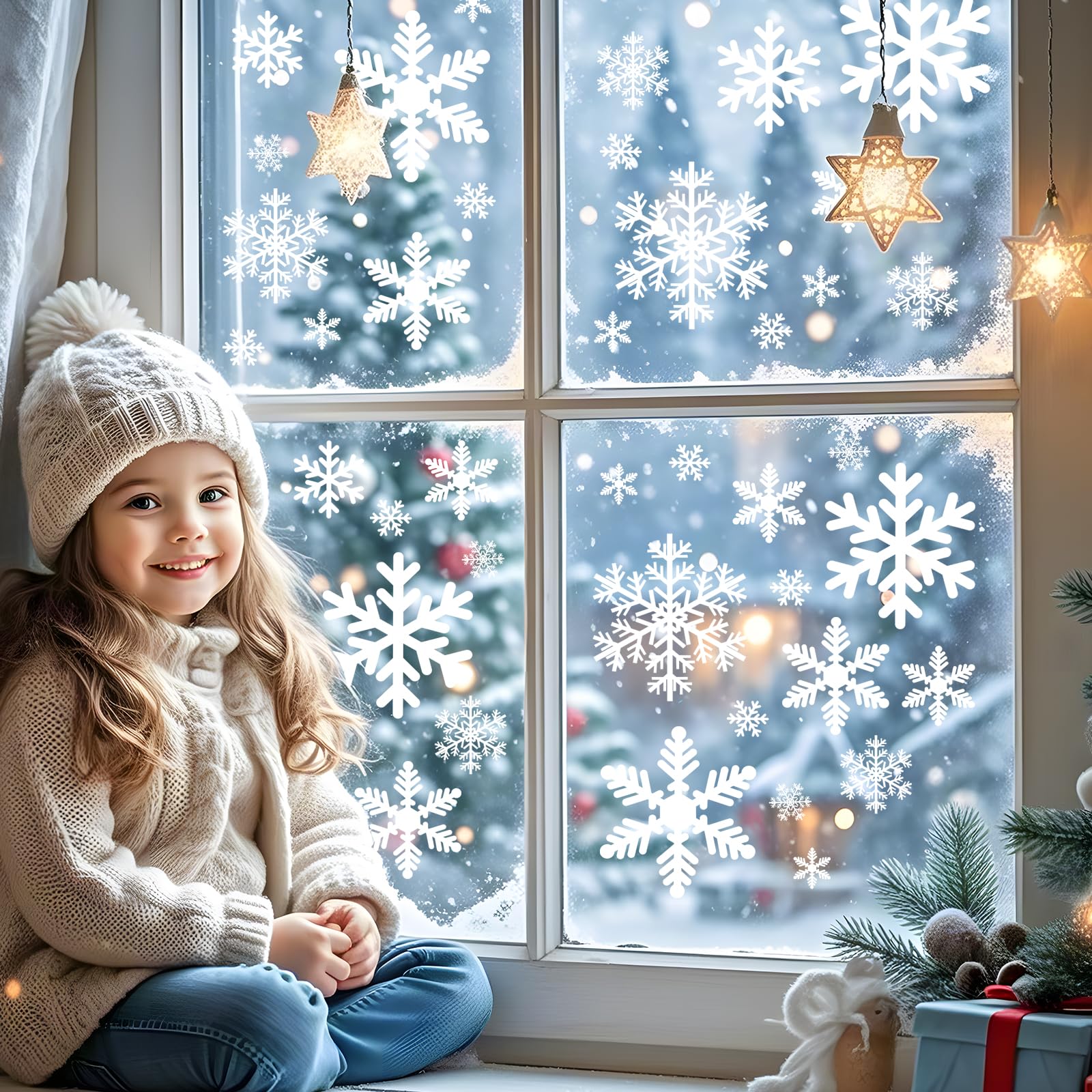 Photo 1 of 144 Pcs Christmas Window Clings for Glass Windows - 8 Sheets Static Snowflakes Christmas Window Decorations, Xmas Holiday White Snow Flakes Window Stickers Decals for Party Home Winter Indoor Decor