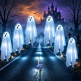 SenceHome Halloween Solar Ghost Lights Outdoor Decorations, 6 Pack 12.82FT Spooky Ghost Pathway Lights, Waterproof Cold White LED Garden Stakes for Walkway Patio Yard Decor
